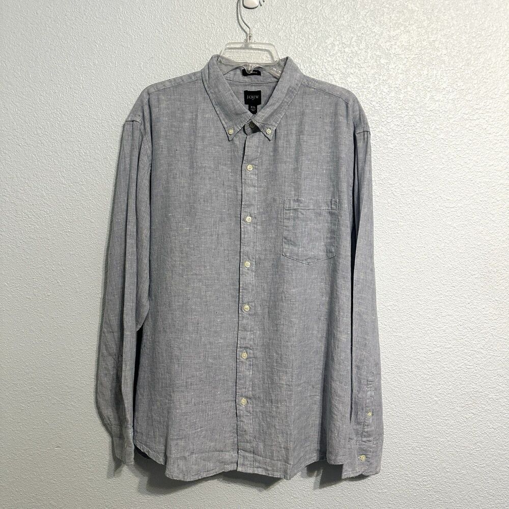 J Crew Linen Blend Button Down Shirt Mens XXL Classic Fit Blue Long Sleeve